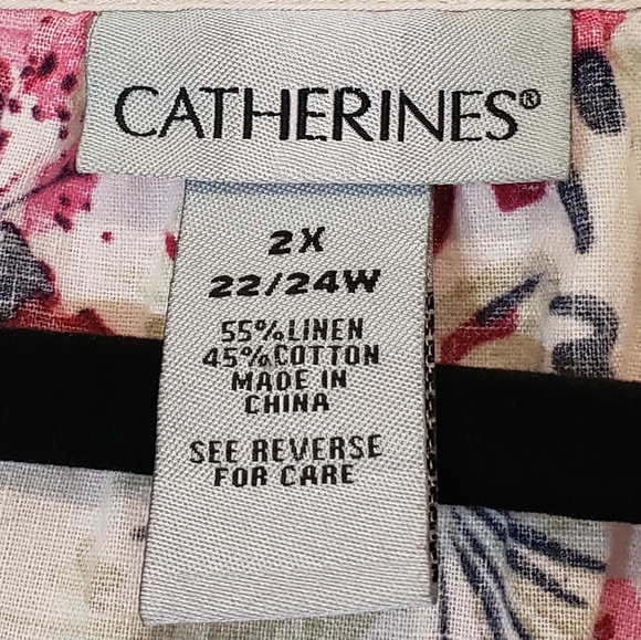 Catherine's Linen & Cotton Tunic Size 2X  22/24W Ivory Green Pink Flowers - Picture 2 of 14